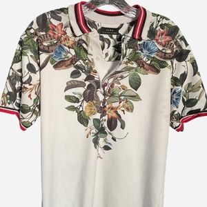 Zara Men's Floral Polo Botanical Snake Print and Red-Trim Collar Size Small